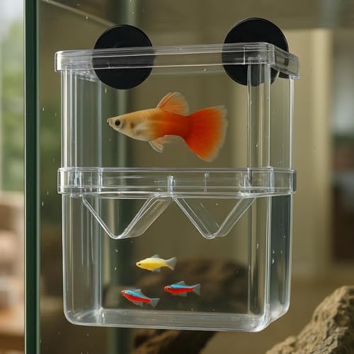 Image of Double Deck Aquarium Breeding Box (Large, 13x10x7 cm) Acrylic Fish Fry Isolation Tank | Strong Suction Cup Breeder Box for Guppy, Molly, Betta | Safe Baby Fish Protection & Quarantine