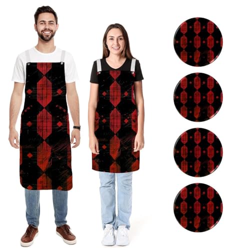 Tabliers de cuisine imperméables anti-taches avec poches motif tartan rouge