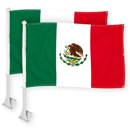 G128 2 Pack: Mexico Mexican Car Flag 11x17 In | Double Sided Printed 150D | Mexican Flag for Car Window | Flagpole Included | Perfect for Festival Celebrations Parades
