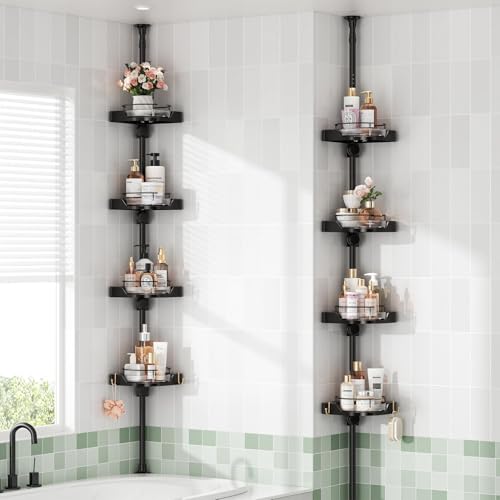 shuang qing 360° Rotating Corner Shower Caddy Tension Pole Organizer - 4-Tier Adjustable Rustproof Metal Pole, Plastic Shelves with Safety Guardrail, Bathroom Storage for Shower & Bathtub(Black)