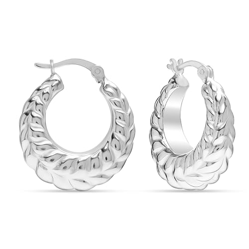 Charmsy - Pendientes de aro pequeños y gruesos de plata de ley 925 para mujer, aretes de aro clásicos con textura de clic, aretes de aro de plata para mujer, Plata de ley, Sin piedra preciosa
