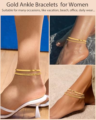 Image of ZHESHY Gold Silver Ankle Bracelets for Women 14K Gold Plated Anklets for Women Waterproof Cuban Link Heart Chain Anklets Set Non Tarnish Dainty Layered Anklet Bracelets for Women Summer Beach Jewelry