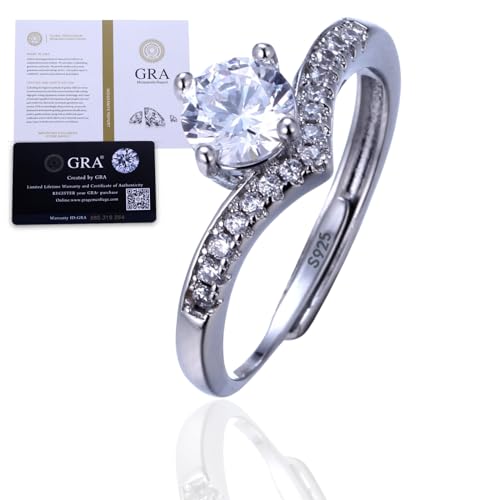 Halukakah Sterling Silver Women's Diamond Ring with 1 Carat Moissanite Stone and Certificate,1.0 ct Elegant Jewelry for Engagements,Celebrations,and Birthdays,Adjustable Size,Gift for Wife,Girlfriend