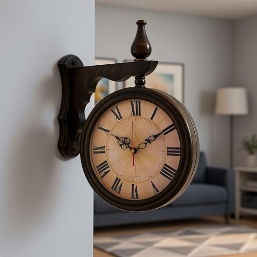 Image of S.N. Enterprises. Double-Sided Wall Clock | 12 Inch Roman Numeral Hanging Station Clock with Wooden Bracket | Antique Home & Cafe Decor