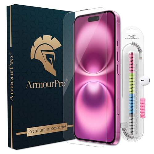 Image of ArmourPro Borderless Tempered Glass for iPhone 15 Plus and 16 Plus (6.7 Inch) with Edge to Edge Protector Coverage, Cable Protector and Easy Installation Kit | Anti Dust Mesh Filter