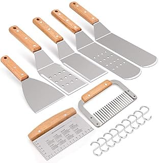 HaSteeL Metal Spatula Set of 7, Stainless Steel Griddle Accessories Kit with Wooden
