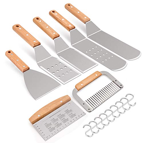 HaSteeL Metal Spatula Set of 7, Stainless Steel Griddle Accessories Kit with Wooden
