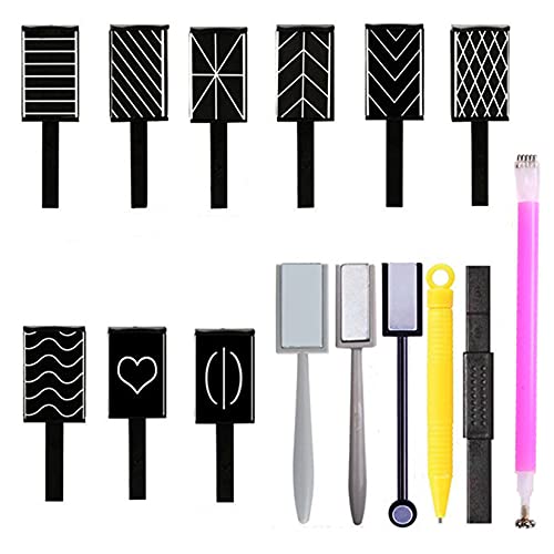 Penna magnete per unghie, MKNZOME 5 pezzi bacchetta magnetica a doppia testa set di strumenti per nail art per Magic 3D Cat Eye UV gel smalto per unghie fai da te (15 pezzi)