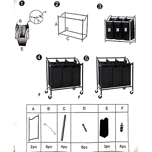 Carrito para la colada negro con 3 bolsas de tela y ruedas resistentes 7