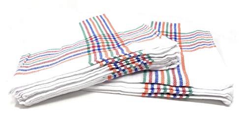 12 Paños de Cocina Sarga, Fabricados en Algodón Especial para Vajillas, Absorbentes, Suaves y Duraderos, 55 x 55 cm, Diferentes Modelos y Colores, Hechos en España (Blanco con Rayas Multicolor Liso)