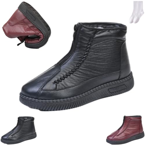 GAGFDA Botas de invierno para mujer, impermeables, con cremallera, ortopédicas, de piel, con forro de piel, antideslizantes, cómodas, cálidas, con cremallera frontal, zapatos planos para caminar