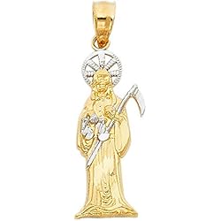 Dijes De Oro Santa Muerte Collar con colgante de Santa Muerte de oro amarillo y oro blanco de 14 quilates, 8 x 30 mm, joyería de regalo para mujer, Metal, Piedras facetadas