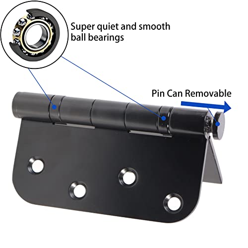 3 Pack Black Heavy Duty Pin Removable 4" X 4 Inch Stainless Steel Ball Bearing Square Door Hinges With 5/8" Radius Corners, Heavy Duty Interior & Exterior Door Hardware For Left & Right Doors Hinge #TOP4