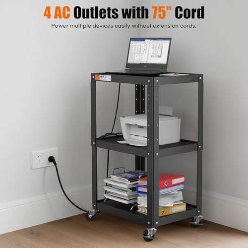 Image of 3 Shelf Metal Utility Cart - Durable Computer Cart on Wheels with Power Strip,Height Adjustable AV Presentation Cart Stand for Movie Projector,TV and Laptop Computers,Easy to Assemble, Black