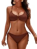 Sucrefas Women's U-Wire Bikini Set Sexy High Cut Cheeky Bathing Suit Two Piece Tie Sides Ribbed Swimsuit Coffee M