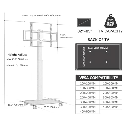 Vermars Rolling TV Stand for 32 to 43 55 65 75 85 Inch TVs, Corner TV Floor Stand, Universal Portable Mobile TV Cart on Wheels, Small TV Stand for Bedroom, Living Room, Conference Room (White) by Vermars - Image 2