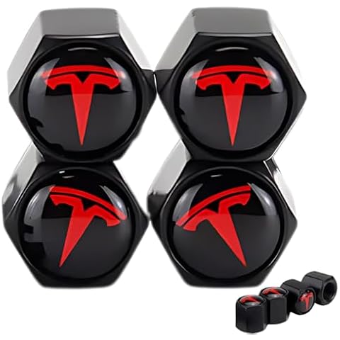 TACTILIAN Red Tire Valve Stem Caps for Tesla Model 3, S, X, Y | Leakproof Aluminum Tire Valve Caps with Rubber O-Rings Compatible with Tesla Car Accessories | Tire Valve Stem Covers Tire Caps 4 Pack Cover