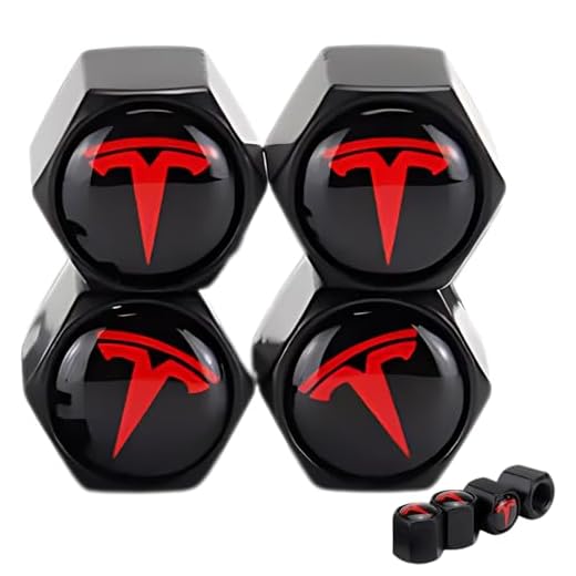 TACTILIAN Red Tire Valve Stem Caps for Tesla Model 3, S, X, Y | Leakproof Aluminum Tire Valve Caps with Rubber O-Rings Compatible with Tesla Car Accessories | Tire Valve Stem Covers Tire Caps 4 Pack