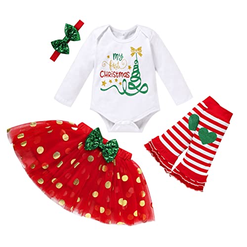 Image of GRNSHTS My First Christmas Clothes Baby Girls My 1st Christmas Romper Top+Dot Tutu Skirt+Leg Warmers+Headband 4Pcs Outfit Set