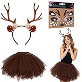 HDFHDF 3 Stück Damen Rentier Kleidung Anzug Rentier Haarreif Glänzende Gesichtstätowierung...