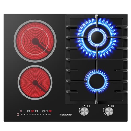 GASLAND GCH604BF piano cottura a gas e vetroceramica da 60 cm, potente bruciatore a gas 5200 W con bruciatore wok, vetroceramica 2900 W, piano da incasso in vetro nero a 4 zone, gas naturale/GPL