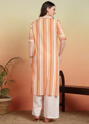 Image of Akiko Women's Cotton Crape Calf Length Strip Print Half Lenght Sleeve V-Neck Straight Kurta(Orange)