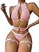 Foxiny Sexy Halter Heart Ring Cutout Chain Floral Lace Sheer Garter Belt Lingerie Set 3 Piece Women Harness See Through Matching Bra Panty Underwear Pink Medium