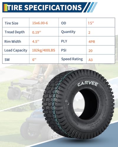 2 Pack 15x6.00-6 Lawn Mower Tires,15x6-6 NHS Off-Highway Tires, 15x6x6 Turf Tires Replacement for Riding Mower Garden Tractor Golf Cart Utility Vehicle,4PR Tubeless - Thumbnail 2
