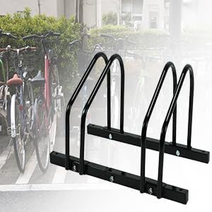 Miniatura 8 de QWORK Soporte de suelo resistente para 2 bicicletas, soporte de acero con recubrimiento en polvo para uso en interiores y exteriores, compatible con