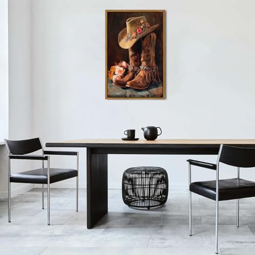 Image of Western Wall Art Framed Cowgirl Boots Canvas Prints Rustic Cowboy Hat and Leather Boots Floral Painting Country Farmhouse Western Decor for Living Room Bedroom Aesthetic Artwork Home Decoration 24x36