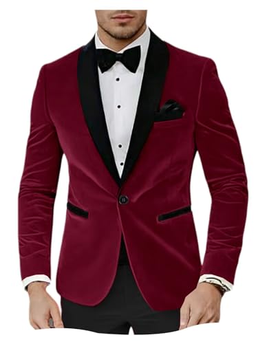 Velvet One Button Blazer Jacket for Men Fashion Shawl Lapel Lightweight Business Casual Sport Coat Light Burgundy XXS