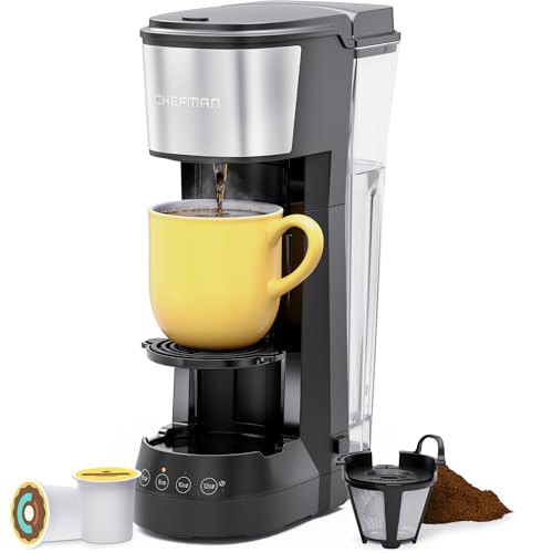 CHEFMAN Single Serve Coffee Maker, K Cup Coffee Machine: Compatible with K-Cup Pods and Ground Coffee, Brew 6 to 12oz Cup Drip Coffee Maker, 40oz Water Reservoir, Cup Lift, Filter Included by Chefman - Used condition - US$43.84
