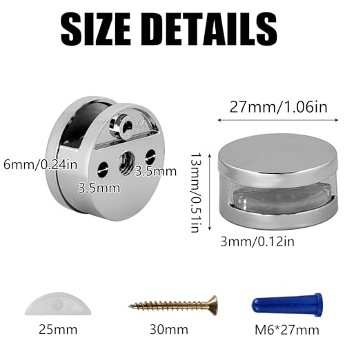 Image of Frameless Mirror Mounting Hardware Kit Zinc Alloy Mirror Holder Clips Round Shape Dual-Screw Fixing Mirror Glass Hanging Bracket with Screws and Anchors Fit for 3-5mm Thickness (Silver, Set of 8)
