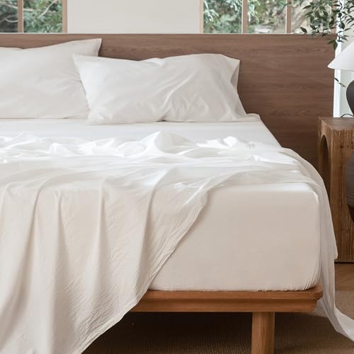 Image of MooMee Sheet Set 100% Washed Cotton Linen-Like Extra Deep Pocket Cal King | Relaxed Linen-like Texture. Soft, Breathable & Lightweight Comfort. 15-19 inch Extra Deep Pocket with All-around Elastic