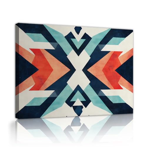 Abstract Canvas Framed Wall Art Blue Red White Geometric Pattern