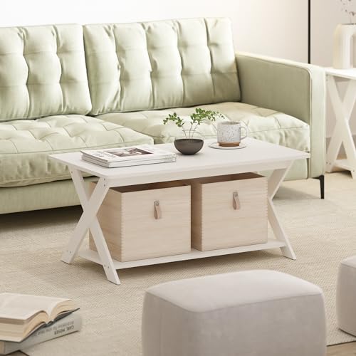 Image of Furinno Modern Simplistic Coffee Table, 2-Tier Rectangle Center Table with Open Shelf and X-Legs, Criss-Crossed Side Table, for Living Room, Bedroom, Home Office, White