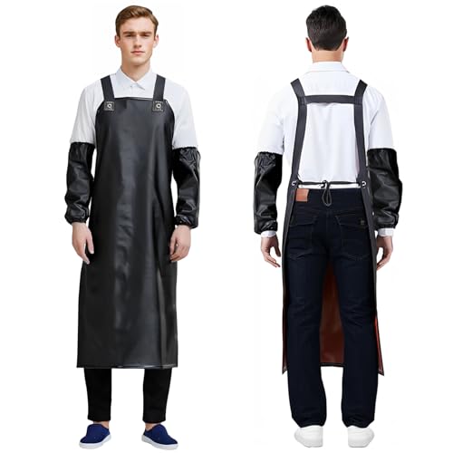 Jortmrd Schürze Wasserdicht Ölbeständig Metzgerschürze Arbeitsschürze mit Ärmelschützer Gummischürze Ölresisten PVC-Schürze für Geschirrwaschen, Laborarbeit, Metzgerei, Hundepflege, Fischreinigung