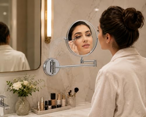 Image of BATH GURU 8 Inch 360 Shaving Mirror | Chrome Finish & 3X Magnification | Mirror for Makeup with Wall Mount Bracket | Shaving & Makeup Mirror for Bathroom & Vanity | 360 Swivel Extendable Arm
