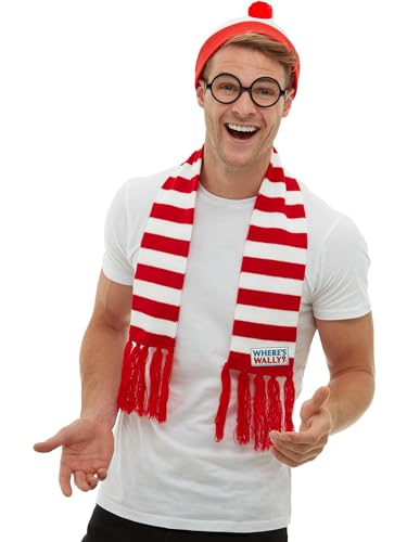 Smiffy's Where's Wally Kit, Adults Red & White T-Shirt, Hat & Glasses, Instant Look with Iconic Bobble Hat, Perfect for a Themed Parties or World Book Day or Halloween