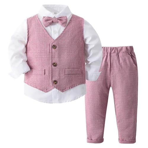 Baby Taufanzug 56 Neugeborene Baby Jungen Frühling Herbst Druck Langarm Romper Body Fliege Hosenträger Hose Hut Gentleman Klassische Outfits Kleidung Pyjama Langarm (Red, 18-24 Months)
