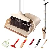 Broom and Dustpan Set with Long Handle and 6 Bonus Cleaning Tools, Upright Standing Combo with Self-Cleaning Teeth & Windproof Dustpan for Pet Hair, Home, Kitchen, Garage, Apartment