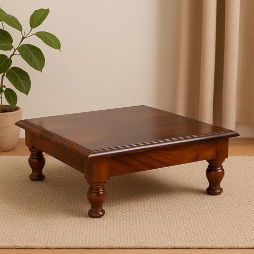 Image of Solid Sheesham Wood Pooja Chowki | Bajot | Multi-Purpose | Traditional Puja Altar & Modern Home Decor for Living Room, Bedroom | Meditation | 44 x 44 x 15 cm, Honey Finish