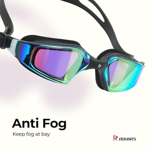 Image of ROVARS Electroplated Swimming Goggles for Kids with Nose & Ear Plugs, Leakproff Full Frame with Adjustable Strap, Anti Fog and UV Protection for Boys & Girls (Multicolour, Above 6 Years)
