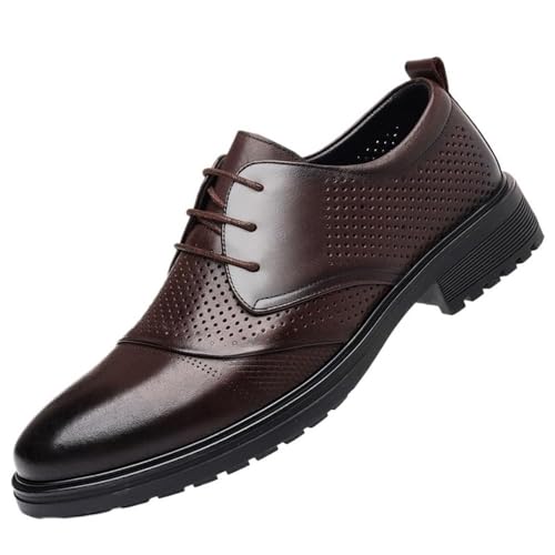 Men’s Leather Dress Shoes Round Toe Lace Up Oxford Business Formal Breathable Hollow Comfortable Durable Stylish Non Slip Classic Genuine Leather Wedding