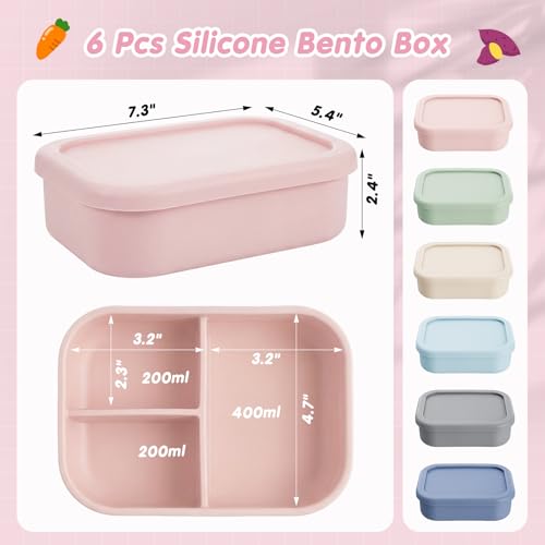 Image of Layhit 6 Pcs Silicone Bento Box for Adults, 27 oz Bento Lunch Container Reusable Food Container for Women Men, Leak Proof Microwave Dishwasher Freezer Safe (3 Compartments,Morandi Colors)