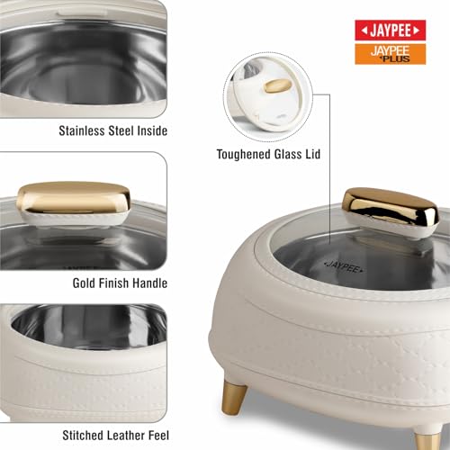 Image of JAYPEE Kingston Klass Stitched Leather Luxurious Outer & Inner Stainless Steel Casserole Set of 3 with Glass Lid (1500+2000+2500) ml PUF Insulated Serving casserole Set Roti Box Hot Box BPA Free,White