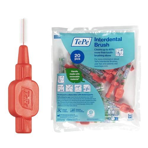 Cepillo interdental TePe, Extra Suave, rojo, 0,5 mm/ISO 2, 20 ud., limpieza interdental eficaz, eliminación de placa e hilo dental para espacios estrechos