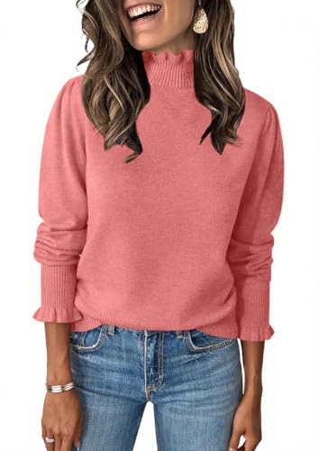 Image of Womens Ruffle Mock Neck Sweater Puff Long Sleeve Fall Trendy Pullover Tops