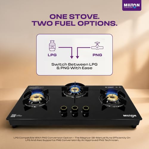 Image of Milton Magnus 3 Burner Maunal Gas Stove Hobtop | Italian SABAF Valves | 8mm Toughened Glass Top | 360 Nozzle | ISI Certified | 5 Years Glass Warranty