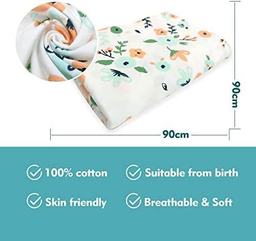 3 Pack Baby Swaddle Blanket 90×90cm with 3 Hat Set, Soft Knitted Cotton Receiving Blankets, Swaddle Wrap for Newborns Infants Babies (Flowers+White dots+Pink)
